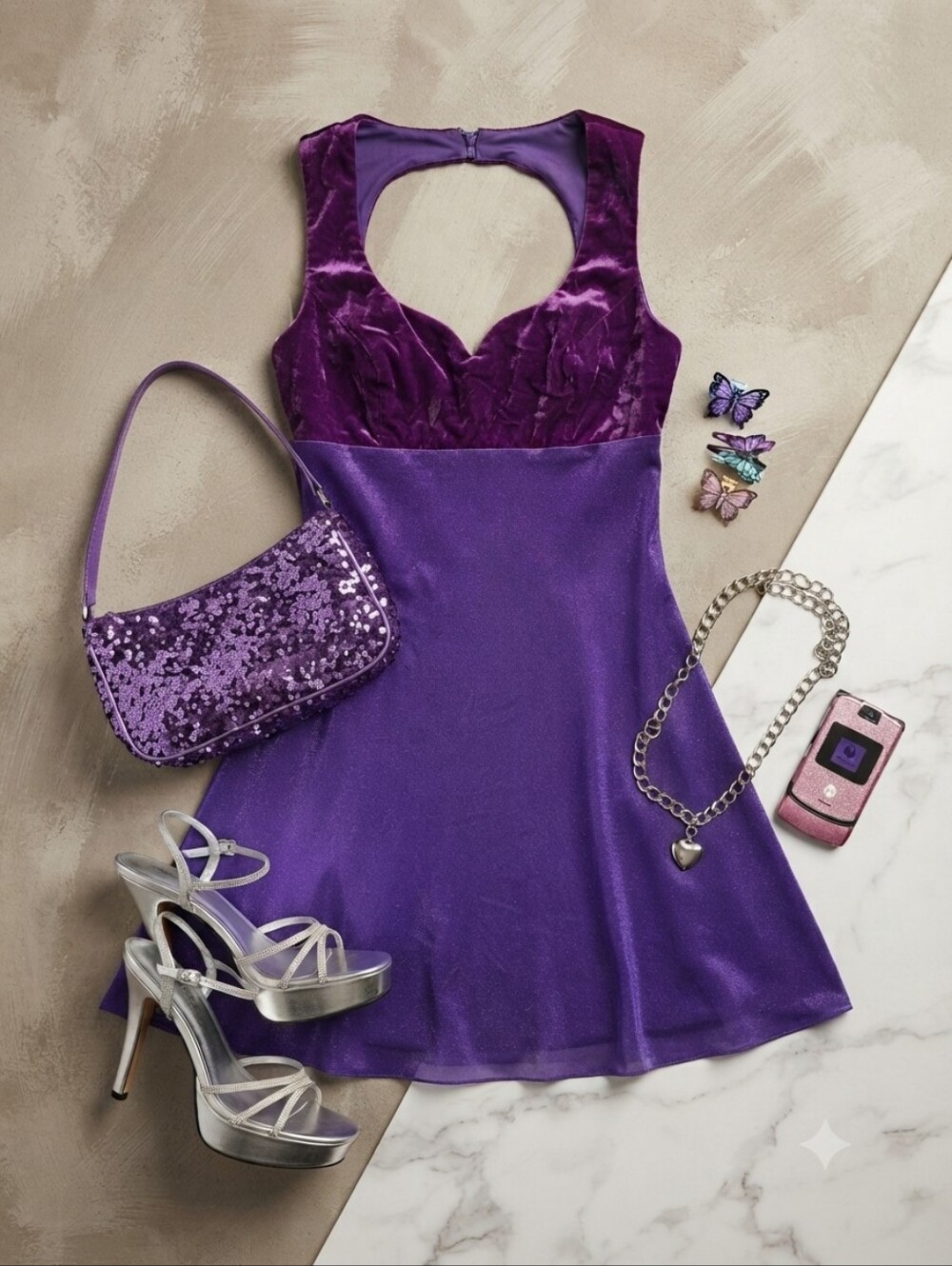 Vintage 90s Y2K Blondie & Me Purple Velvet & Shimmer Formal Mini Dress